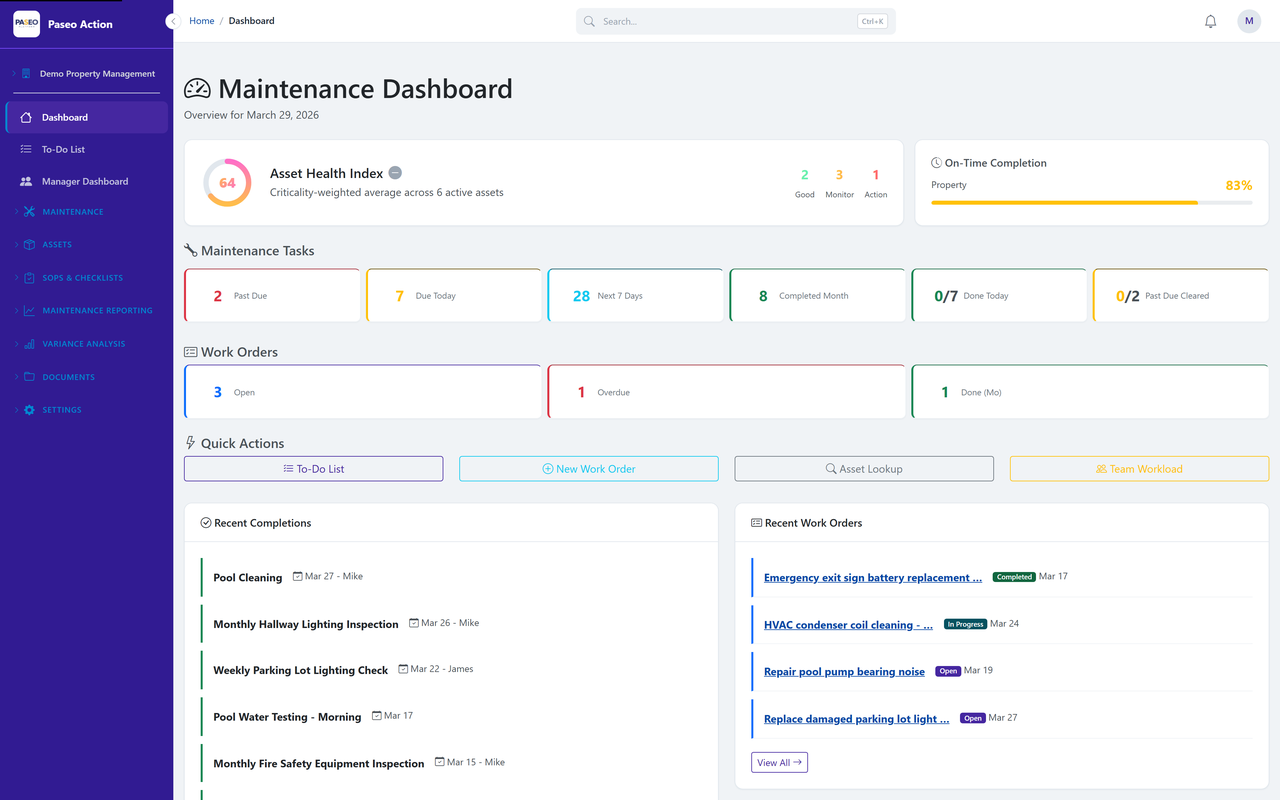 Paseo maintenance dashboard showing real-time task tracking, group inspections, and work orders