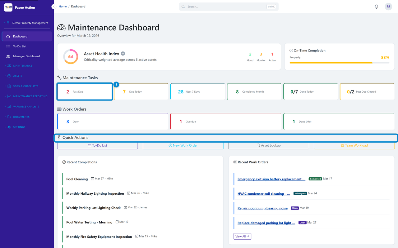 Paseo dashboard showing task distribution with color-coded urgency indicators, active alerts panel, and component counts