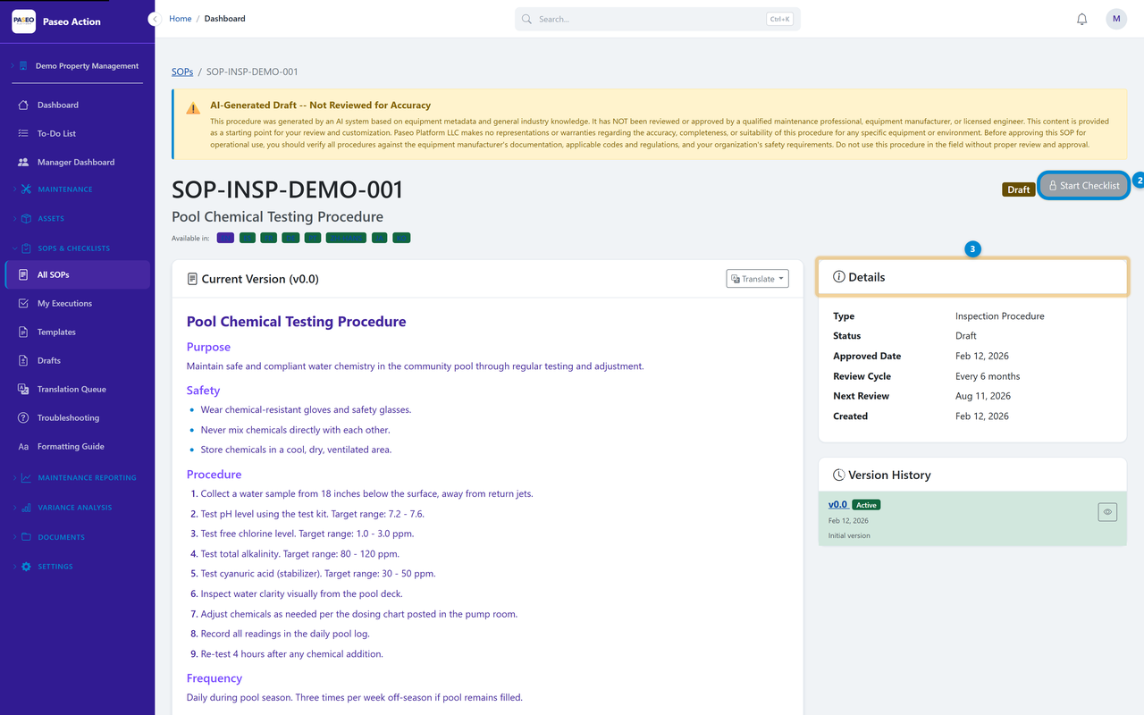 AI-generated SOP showing multi-section structure with operating procedures, troubleshooting, and seasonal considerations