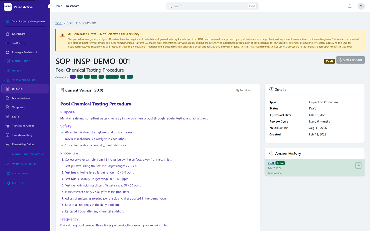 Paseo SOP editor showing emergency equipment shutdown procedure with approval workflow